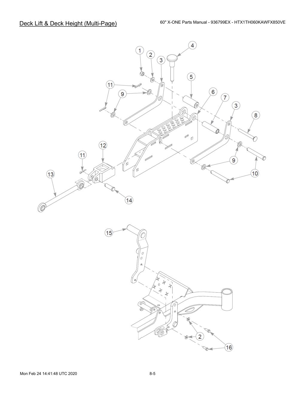 60" X-ONE Parts Manual - 936799EX - HTX1TH060KAWFX850VE - 607407 - Deck Lift & Deck Height (Multi-Page) diagram