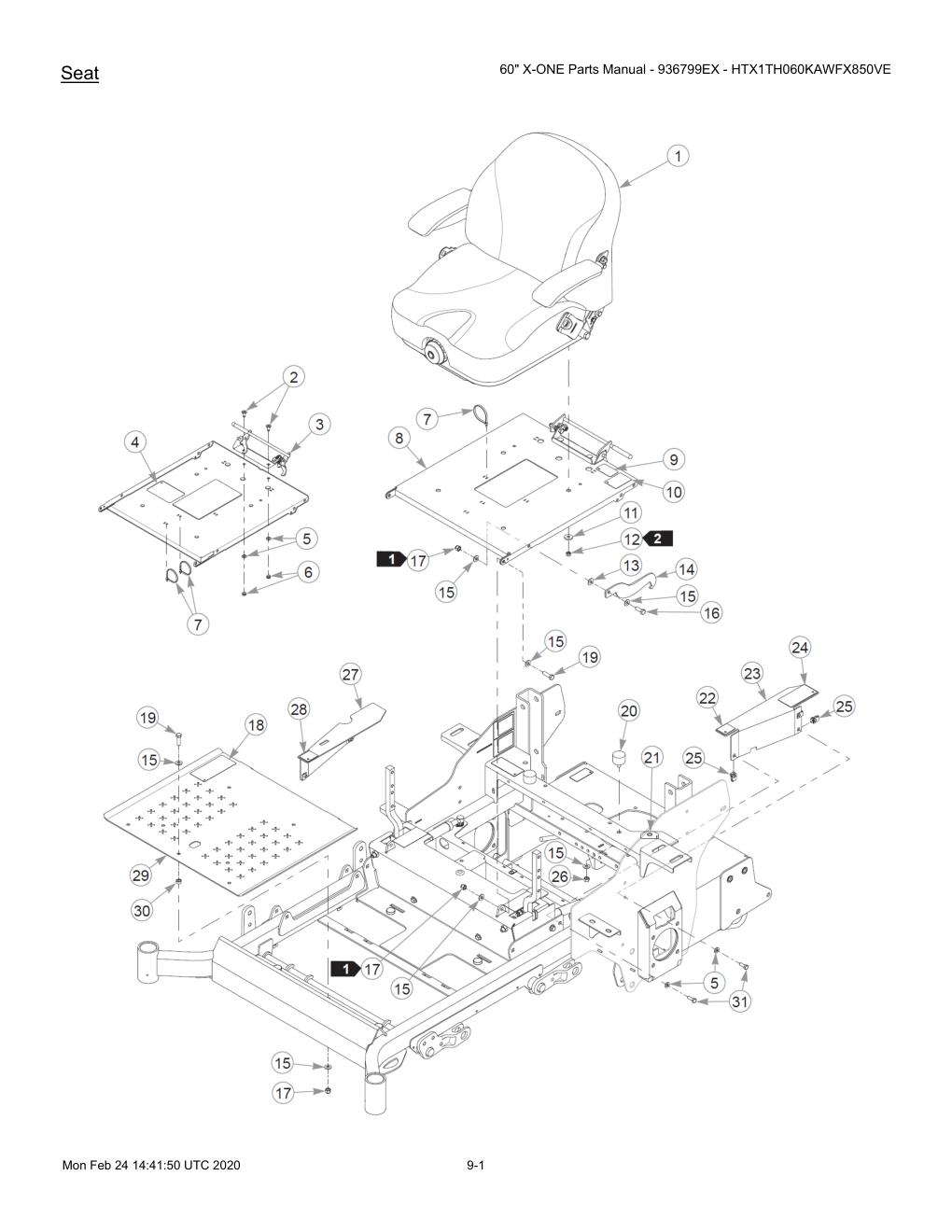 60" X-ONE Parts Manual - 936799EX - HTX1TH060KAWFX850VE - 607407 - Seat diagram