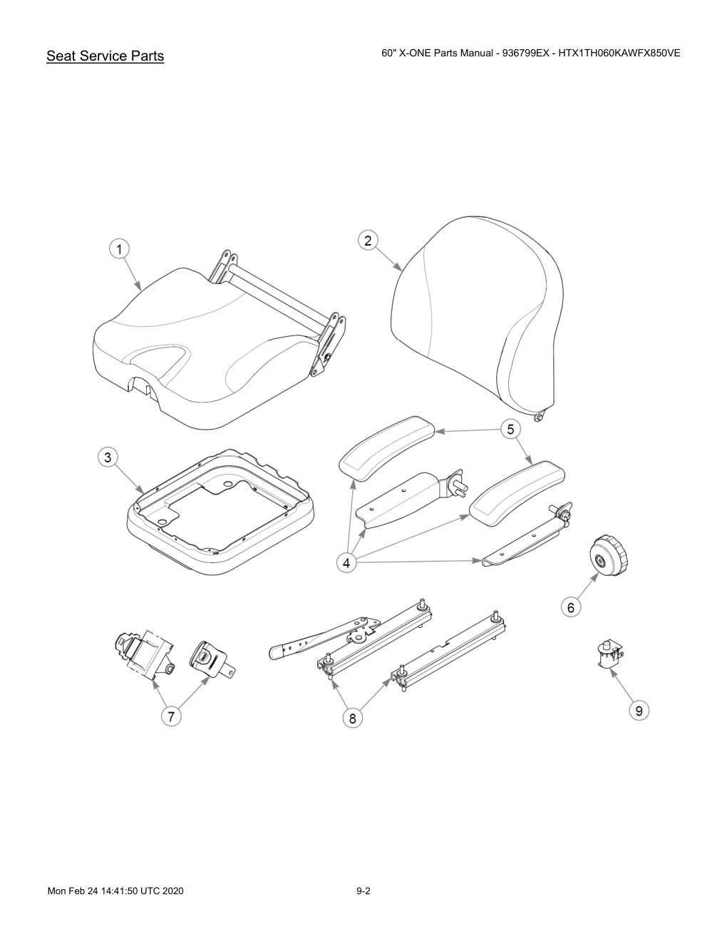 60" X-ONE Parts Manual - 936799EX - HTX1TH060KAWFX850VE - 607407 - Seat Service Parts diagram