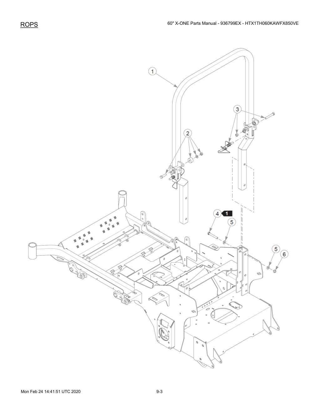 60" X-ONE Parts Manual - 936799EX - HTX1TH060KAWFX850VE - 607407 - ROPS diagram