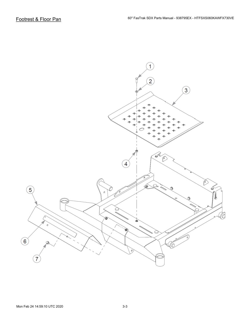 60" FasTrak SDX Parts Manual - 938795EX - HTFSXS060KAWFX730VE - 605380 - Footrest & Floor Pan diagram