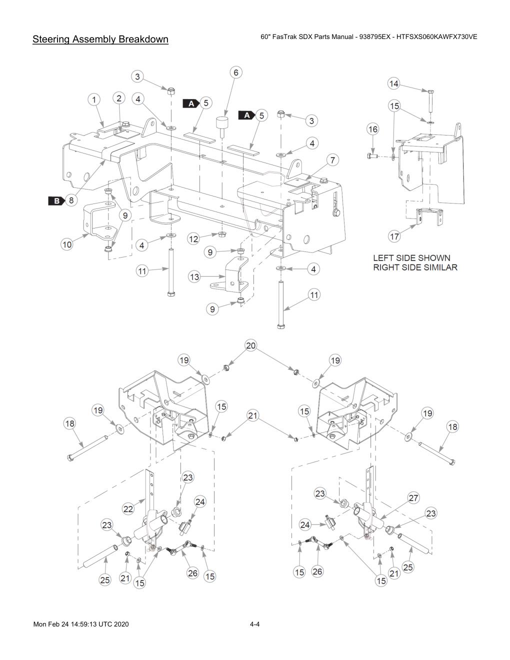 60" FasTrak SDX Parts Manual - 938795EX - HTFSXS060KAWFX730VE - 605380 - Steering Assembly Breakdown diagram