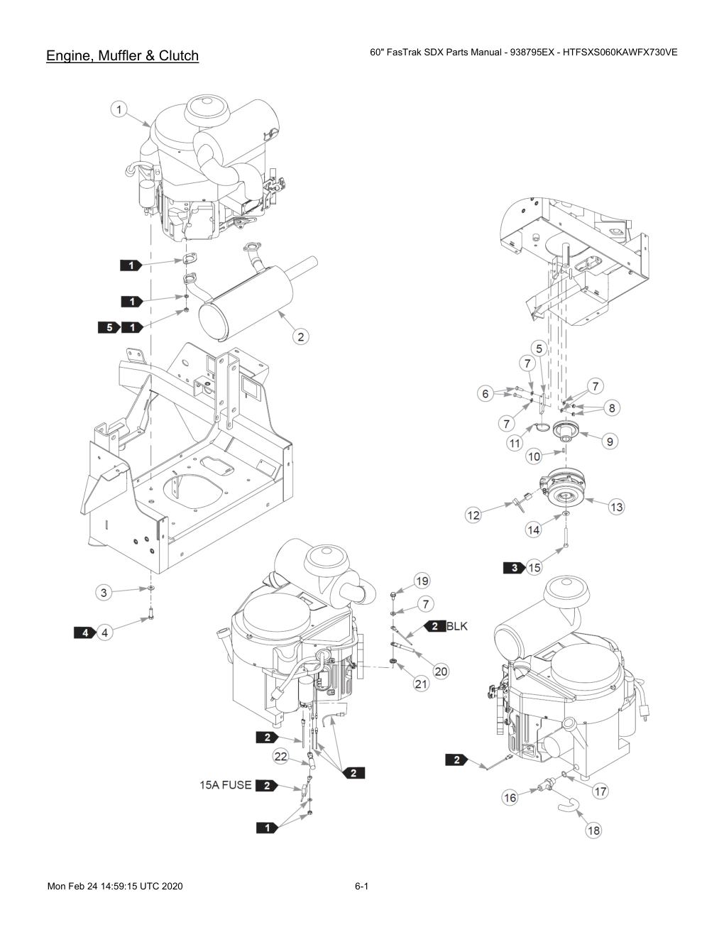 60" FasTrak SDX Parts Manual - 938795EX - HTFSXS060KAWFX730VE - 605380 - Engine, Muffler & Clutch diagram