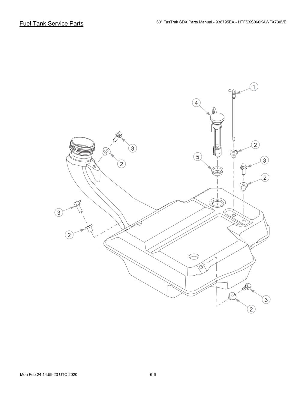 60" FasTrak SDX Parts Manual - 938795EX - HTFSXS060KAWFX730VE - 605380 - Fuel Tank Service Parts diagram
