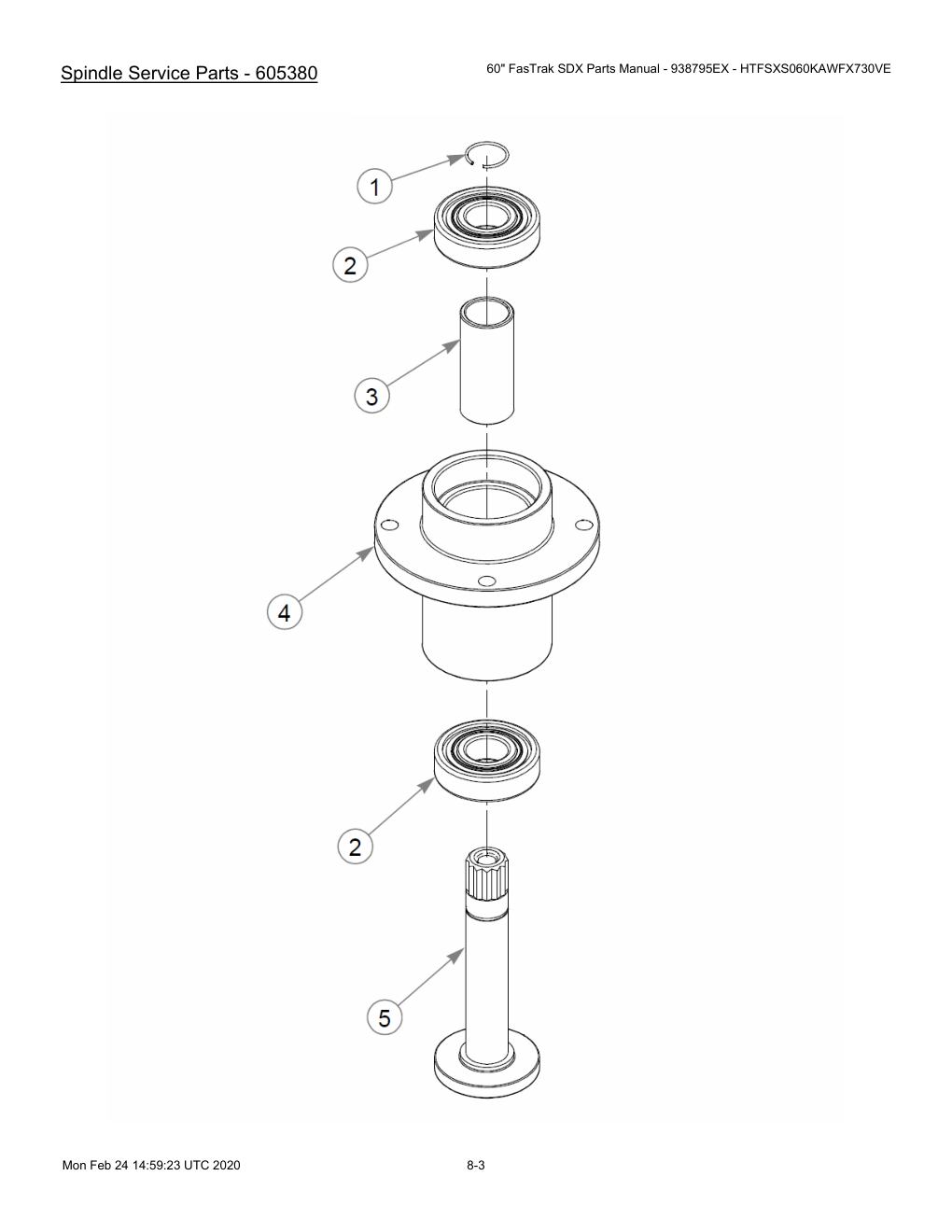 60" FasTrak SDX Parts Manual - 938795EX - HTFSXS060KAWFX730VE - 605380 - Spindle Service Parts - 605380 diagram