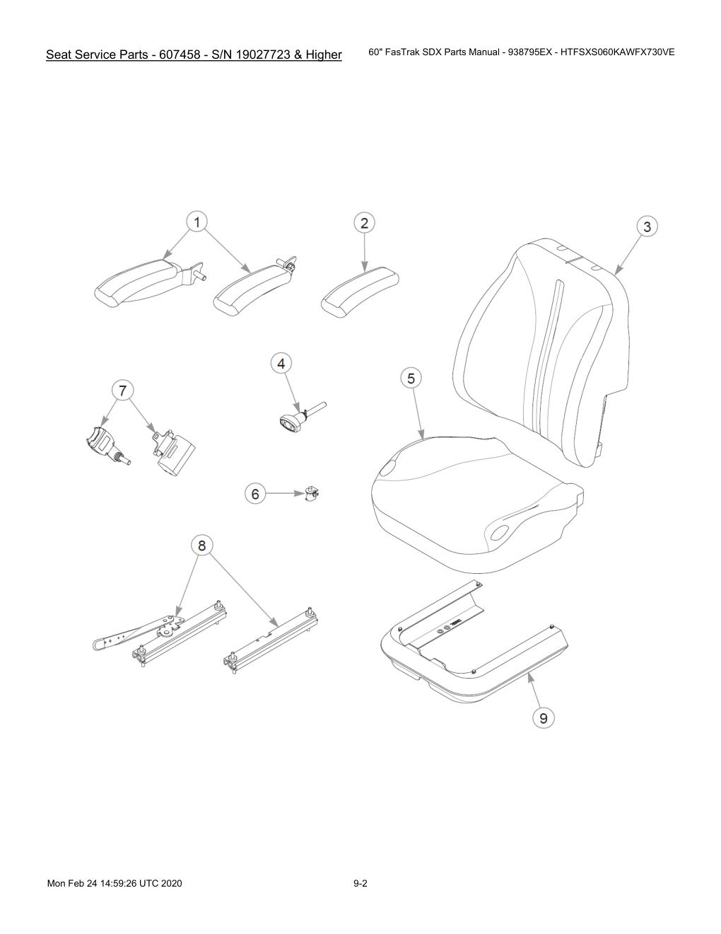 60" FasTrak SDX Parts Manual - 938795EX - HTFSXS060KAWFX730VE - 605380 - Seat Service Parts - 607458 - S/N 19027723 & Higher diagram