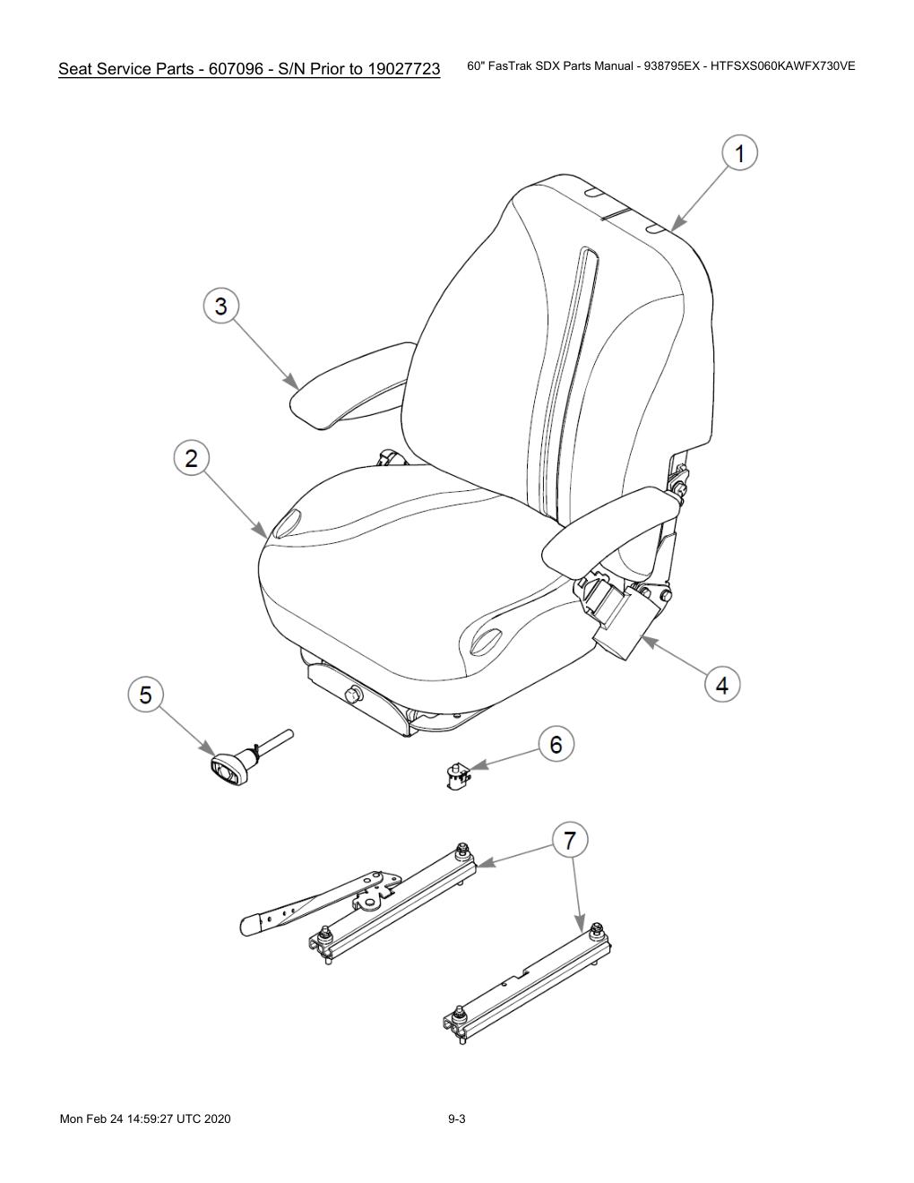 60" FasTrak SDX Parts Manual - 938795EX - HTFSXS060KAWFX730VE - 605380 - Seat Service Parts - 607096 - S/N Prior to 19027723 diagram