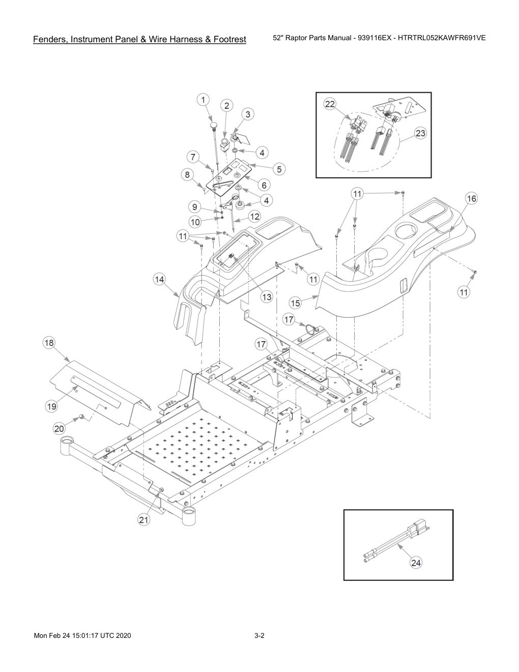 52" Raptor Parts Manual - 939116EX - HTRTRL052KAWFR691VE - 604214 - Fenders, Instrument Panel & Wire Harness & Footrest diagram