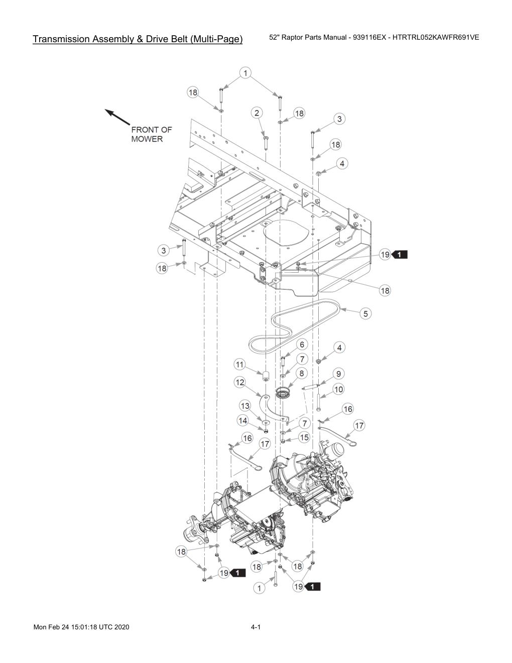 52" Raptor Parts Manual - 939116EX - HTRTRL052KAWFR691VE - 604214 - Transmission Assembly & Drive Belt (Multi-Page) diagram