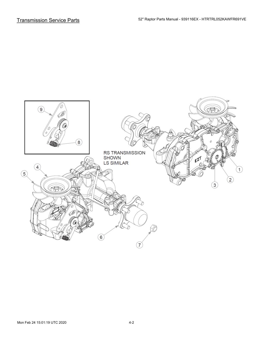 52" Raptor Parts Manual - 939116EX - HTRTRL052KAWFR691VE - 604214 - Transmission Service Parts diagram