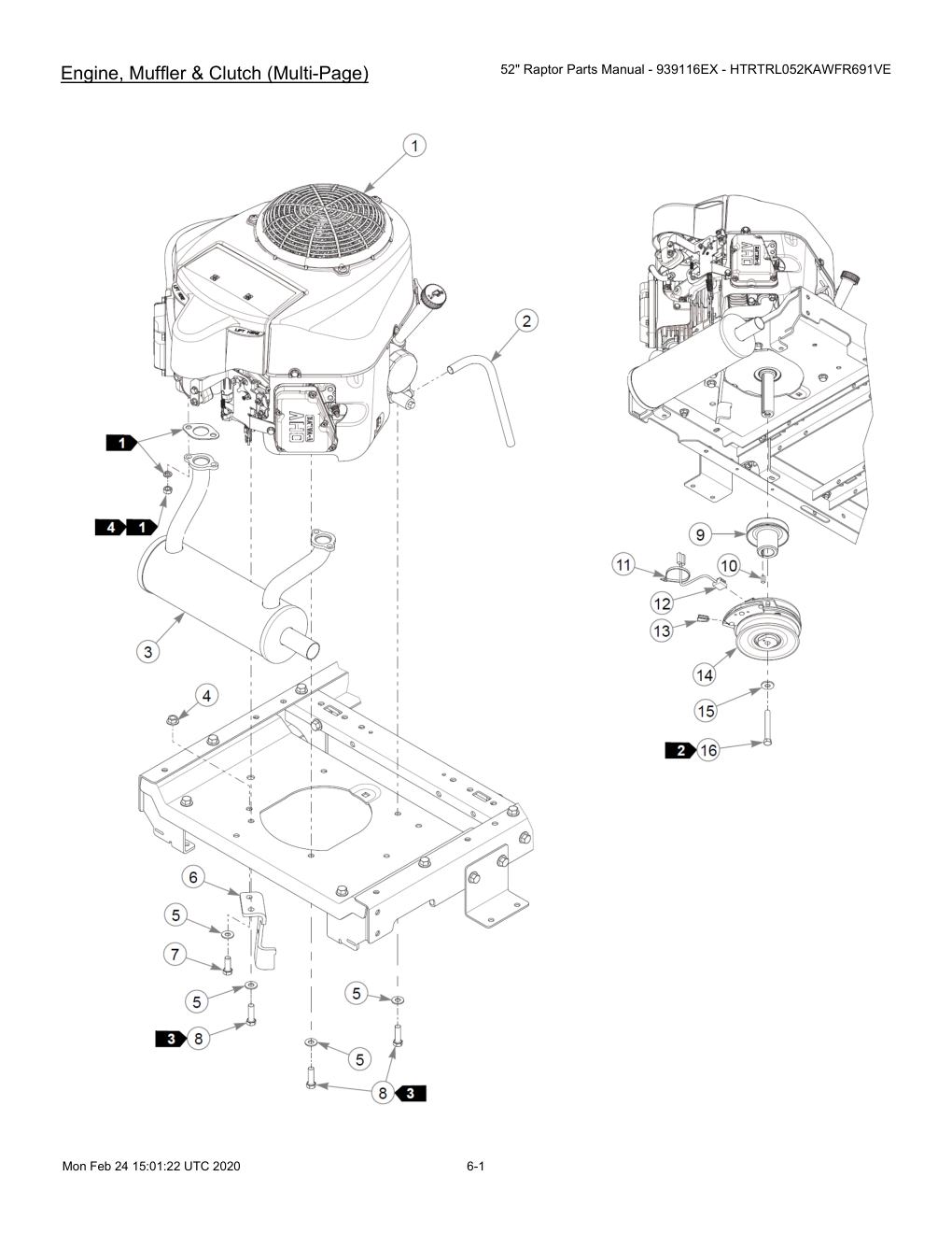 52" Raptor Parts Manual - 939116EX - HTRTRL052KAWFR691VE - 604214 - Engine, Muffler & Clutch (Multi-Page) diagram