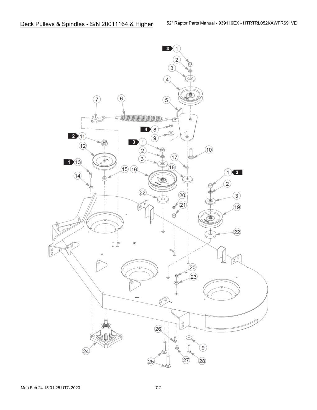 52" Raptor Parts Manual - 939116EX - HTRTRL052KAWFR691VE - 604214 - Deck Pulleys & Spindles - S/N 20011164 & Higher diagram