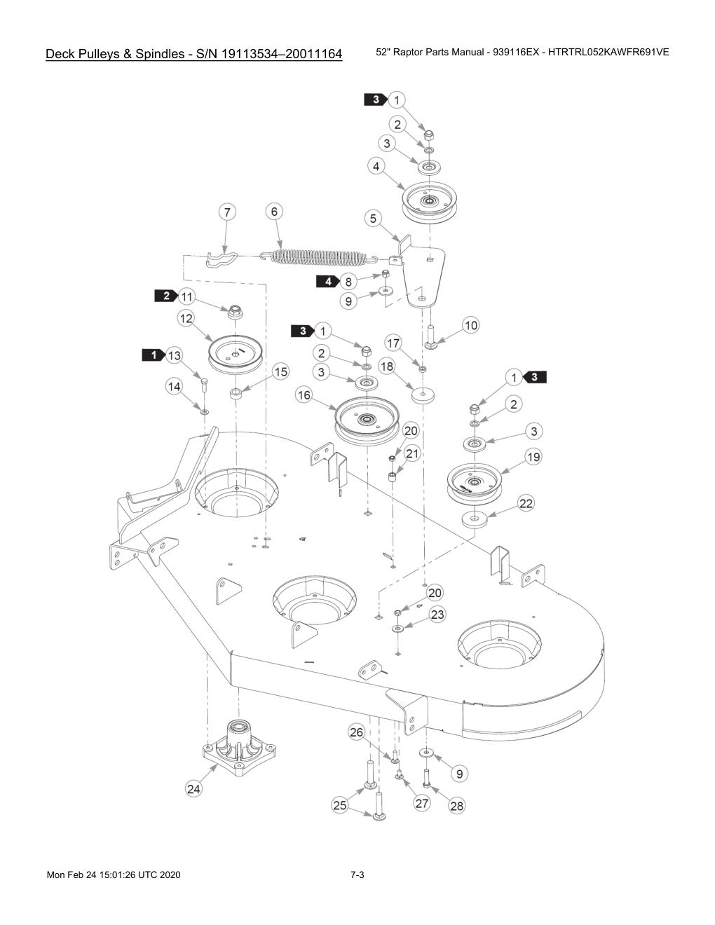 52" Raptor Parts Manual - 939116EX - HTRTRL052KAWFR691VE - 604214 - Deck Pulleys & Spindles - S/N 19113534-20011164 diagram