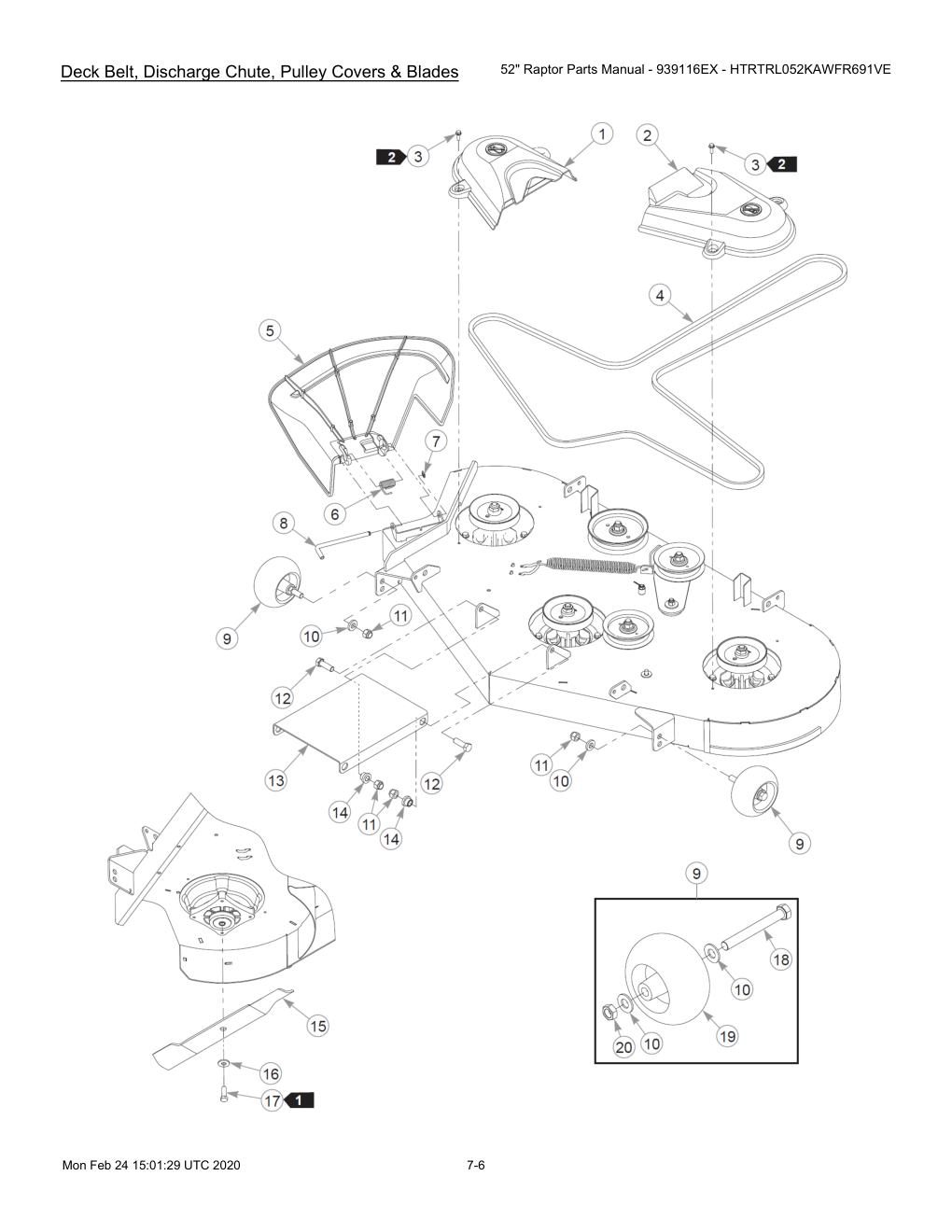 52" Raptor Parts Manual - 939116EX - HTRTRL052KAWFR691VE - 604214 - Deck Belt, Discharge Chute, Pulley Covers & Blades diagram
