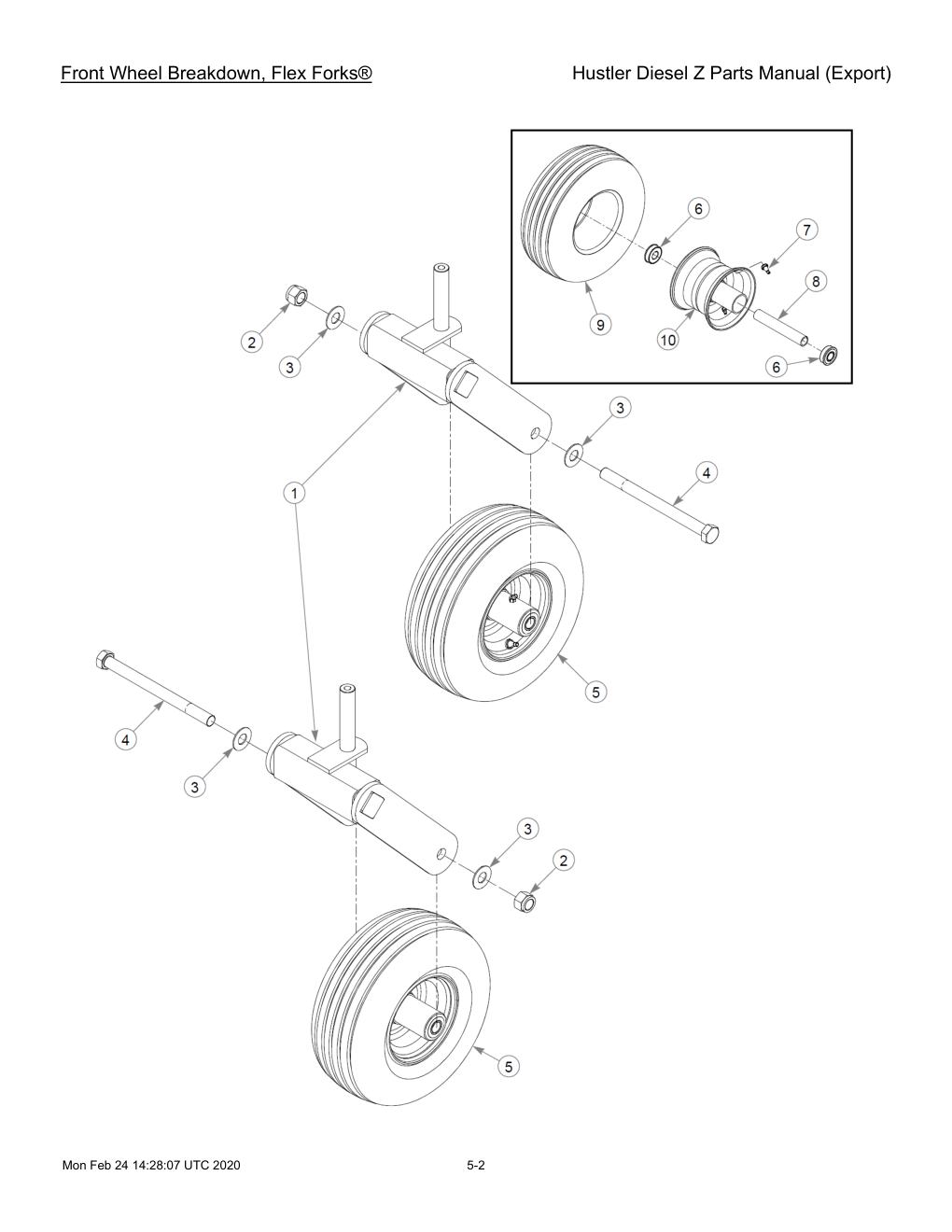 Hustler Diesel Z Parts Manual (Export) - 782078 - Front Wheel Breakdown, Flex Forks® diagram