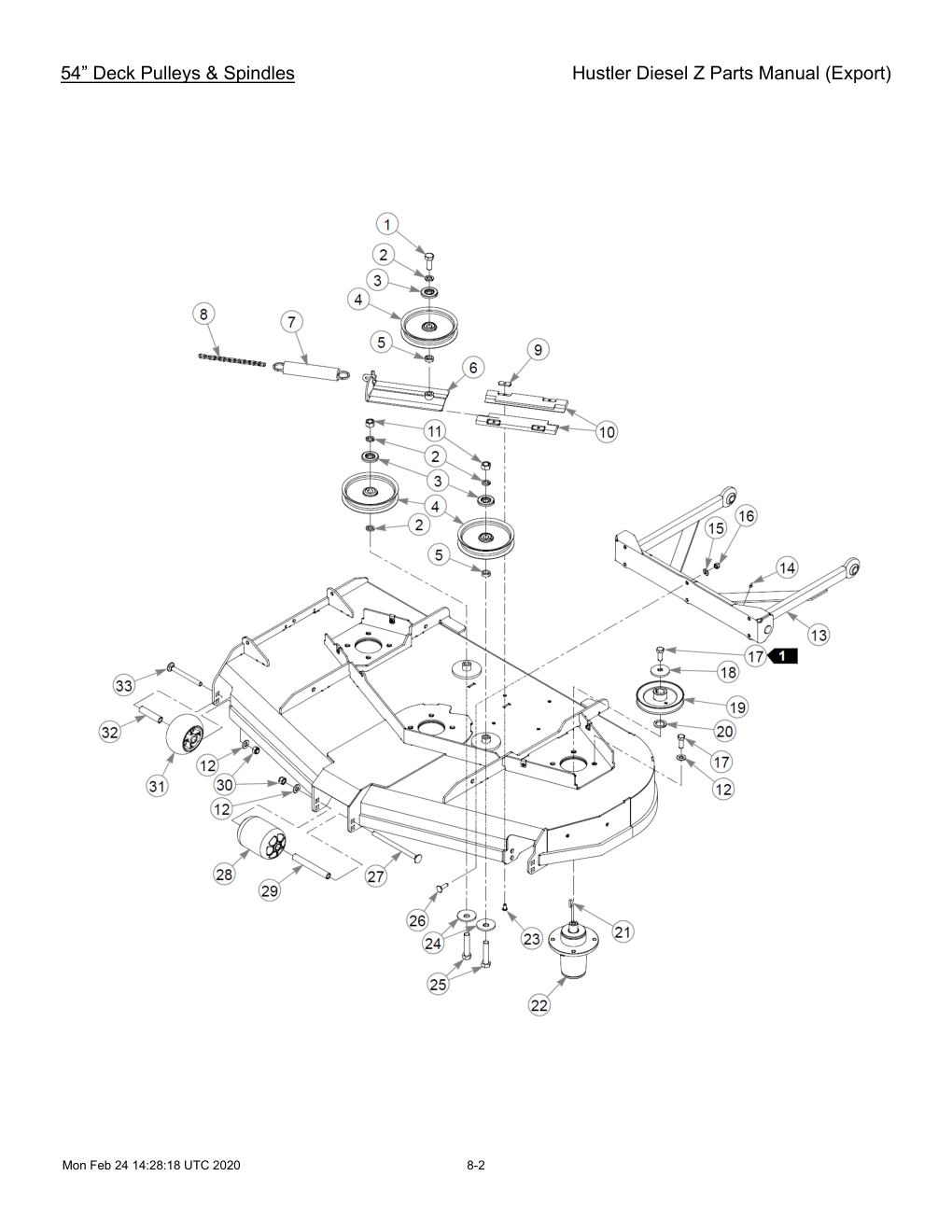 Hustler Diesel Z Parts Manual (Export) - 782078 - 54” Deck Pulleys & Spindles diagram