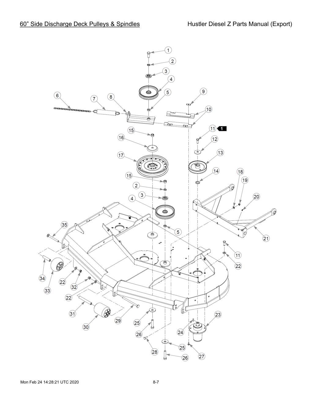 Hustler Diesel Z Parts Manual (Export) - 782078 - 60” Side Discharge Deck Pulleys & Spindles diagram