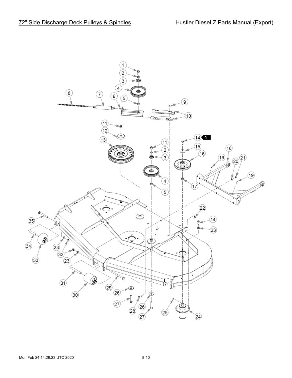 Hustler Diesel Z Parts Manual (Export) - 782078 - 72" Side Discharge Deck Pulleys & Spindles diagram