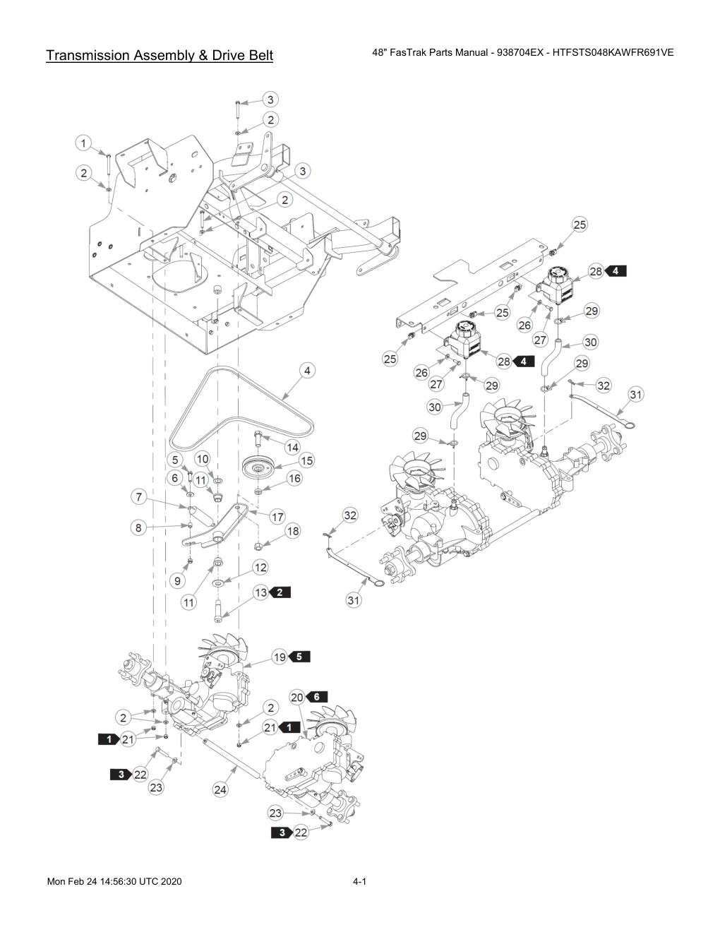 48" FasTrak Parts Manual - 938704EX - HTFSTS048KAWFR691VE - 605234 - Transmission Assembly & Drive Belt diagram