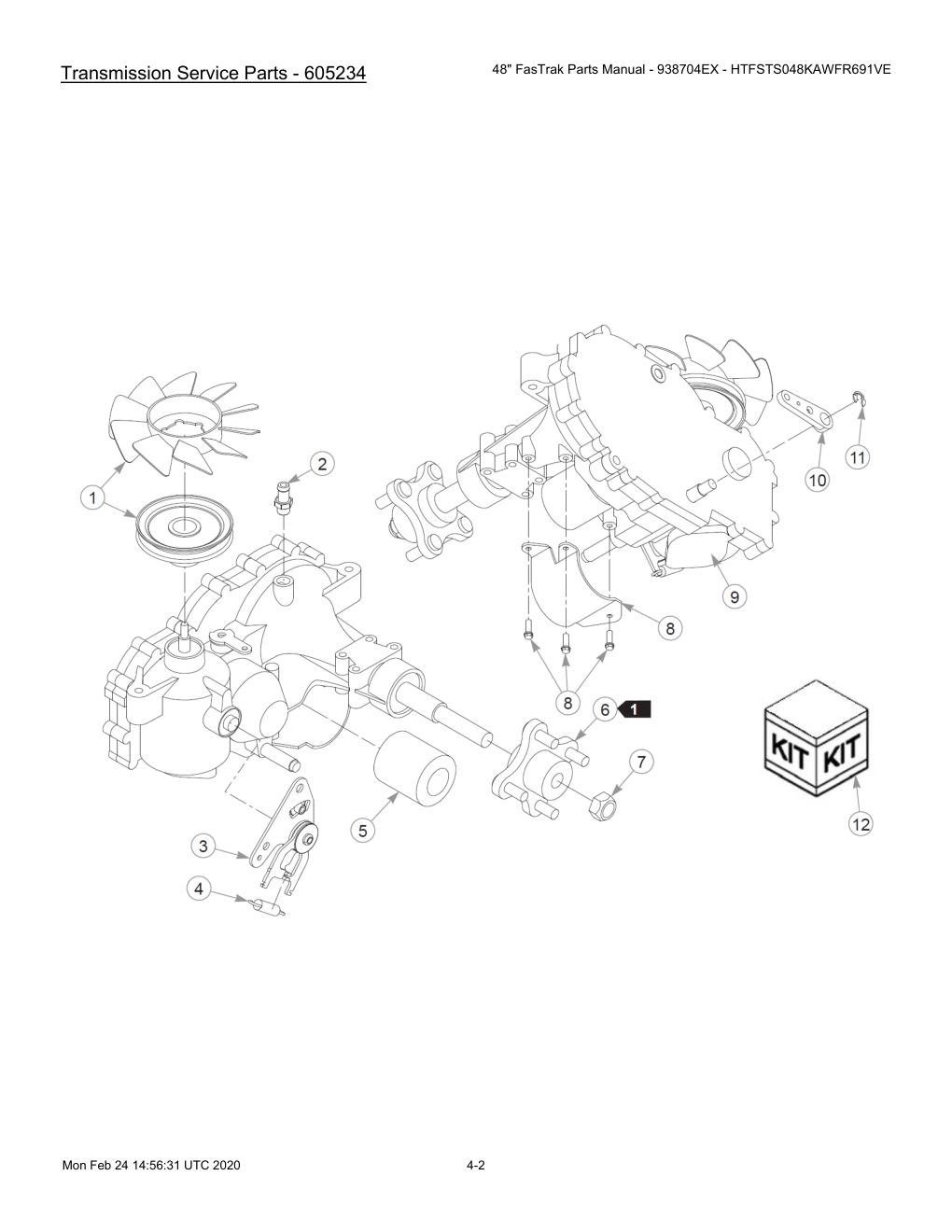 48" FasTrak Parts Manual - 938704EX - HTFSTS048KAWFR691VE - 605234 - Transmission Service Parts - 605234 diagram