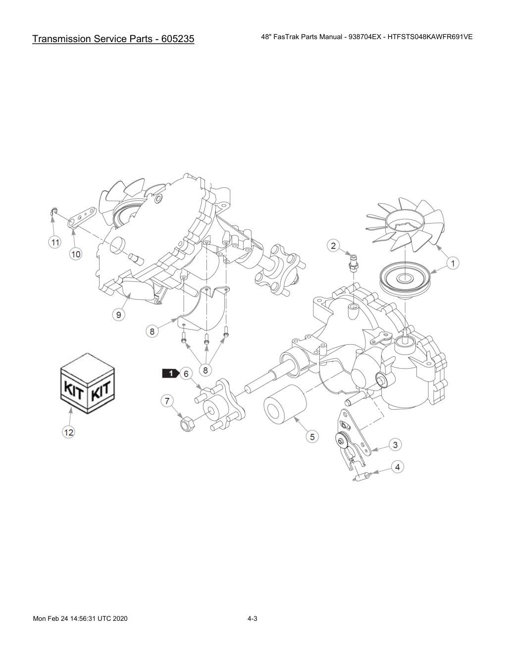 48" FasTrak Parts Manual - 938704EX - HTFSTS048KAWFR691VE - 605234 - Transmission Service Parts - 605235 diagram