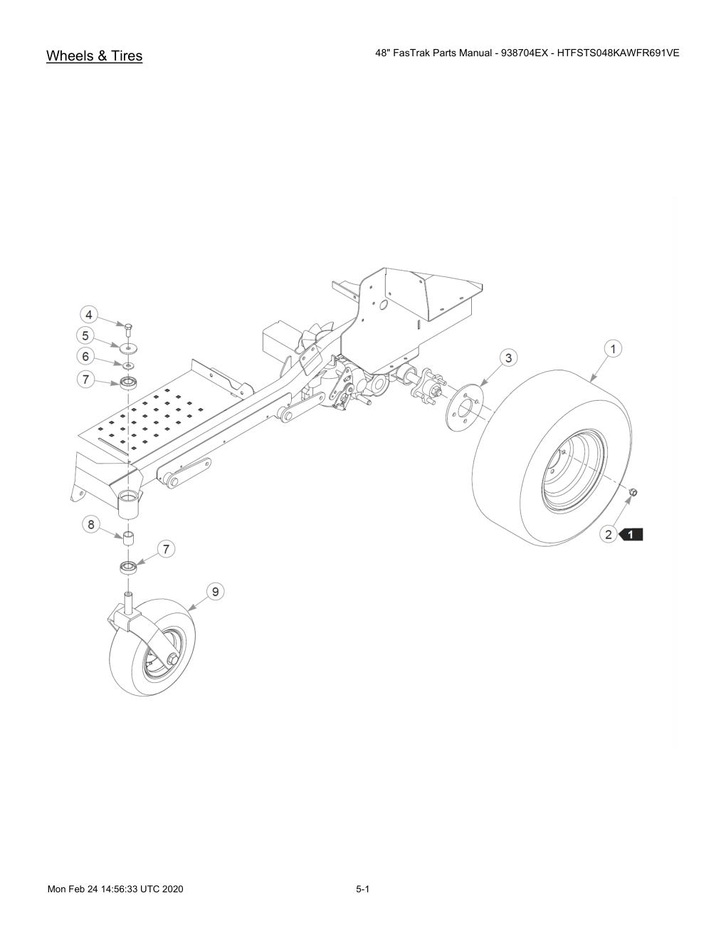 48" FasTrak Parts Manual - 938704EX - HTFSTS048KAWFR691VE - 605234 - Wheels & Tires diagram