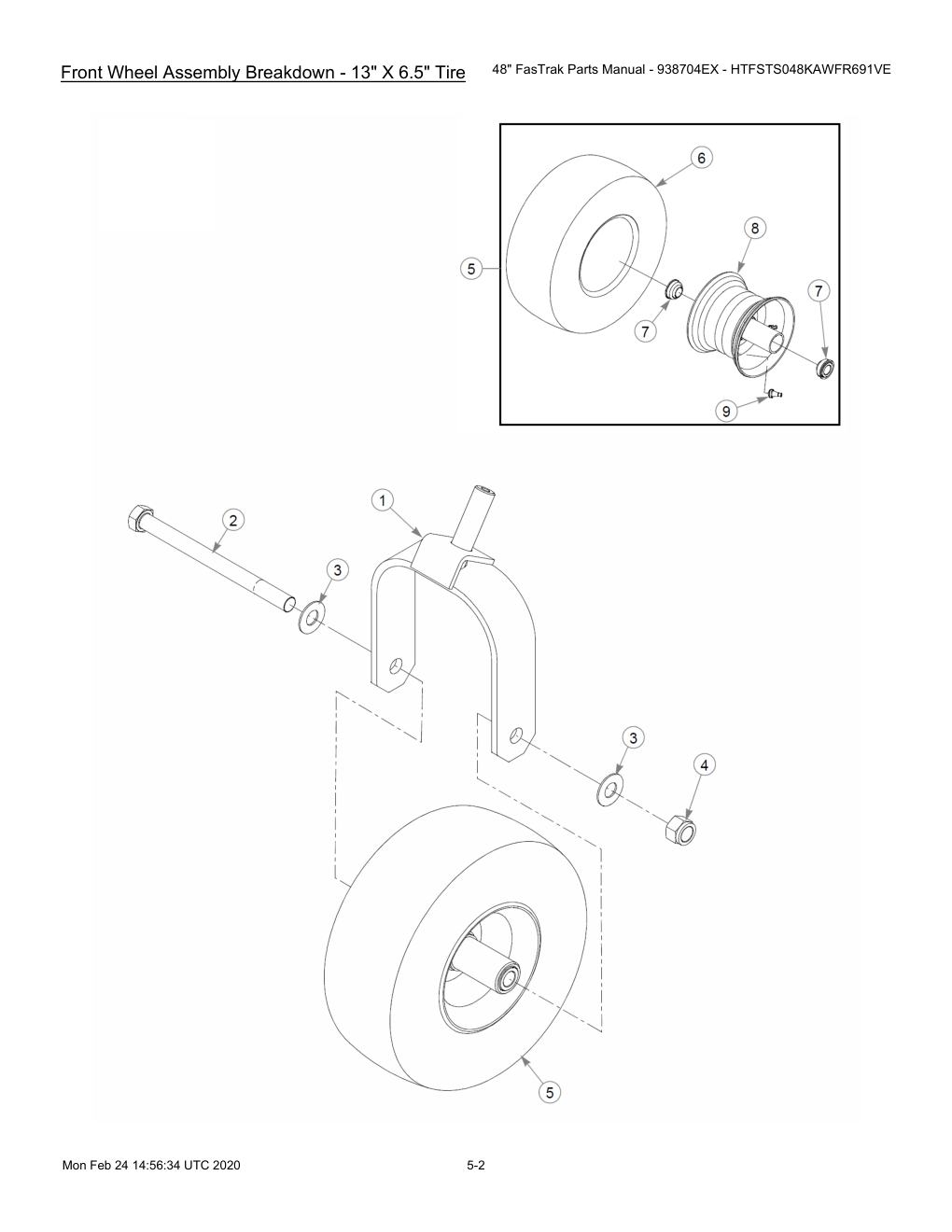 48" FasTrak Parts Manual - 938704EX - HTFSTS048KAWFR691VE - 605234 - Front Wheel Assembly Breakdown - 13" X 6.5" Tire diagram