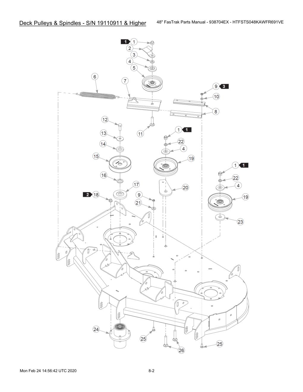 48" FasTrak Parts Manual - 938704EX - HTFSTS048KAWFR691VE - 605234 - Deck Pulleys & Spindles - S/N 19110911 & Higher diagram