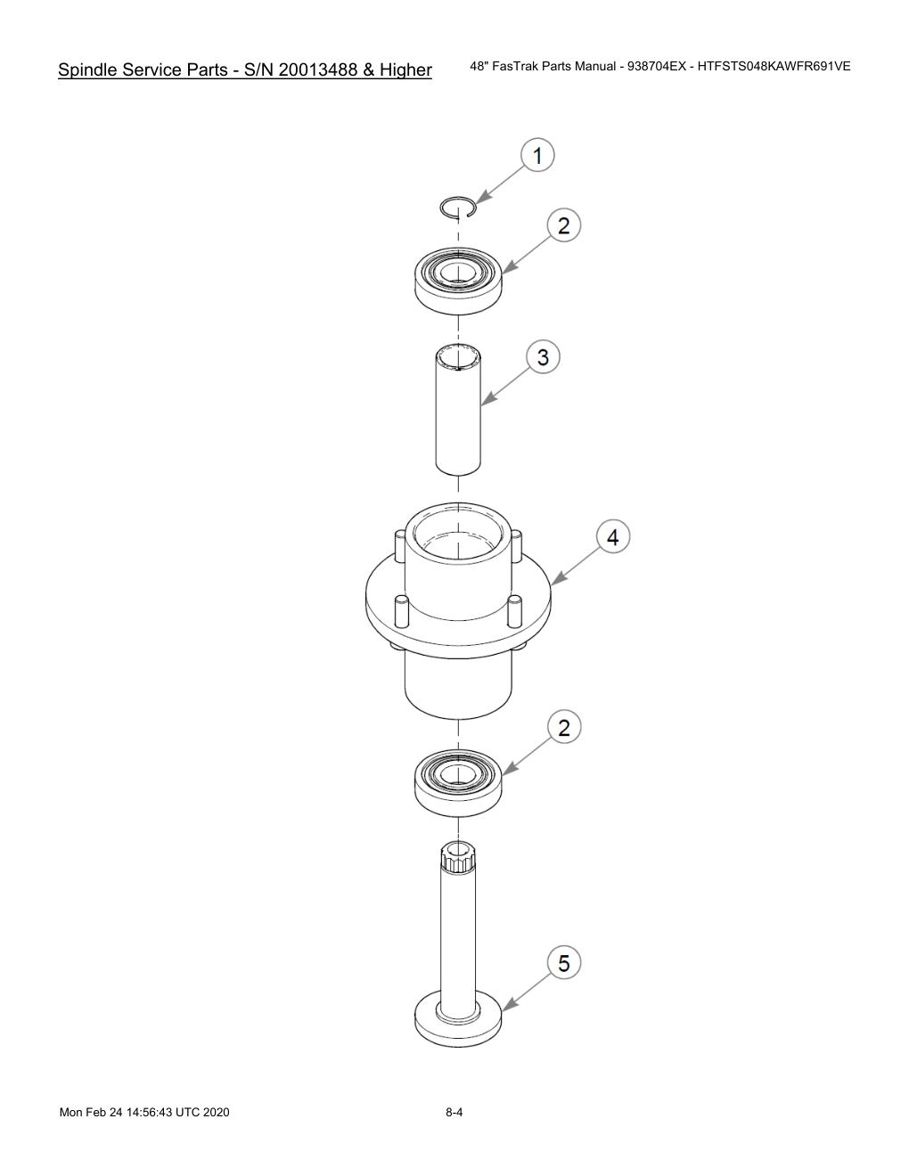 48" FasTrak Parts Manual - 938704EX - HTFSTS048KAWFR691VE - 605234 - Spindle Service Parts - S/N 20013488 & Higher diagram