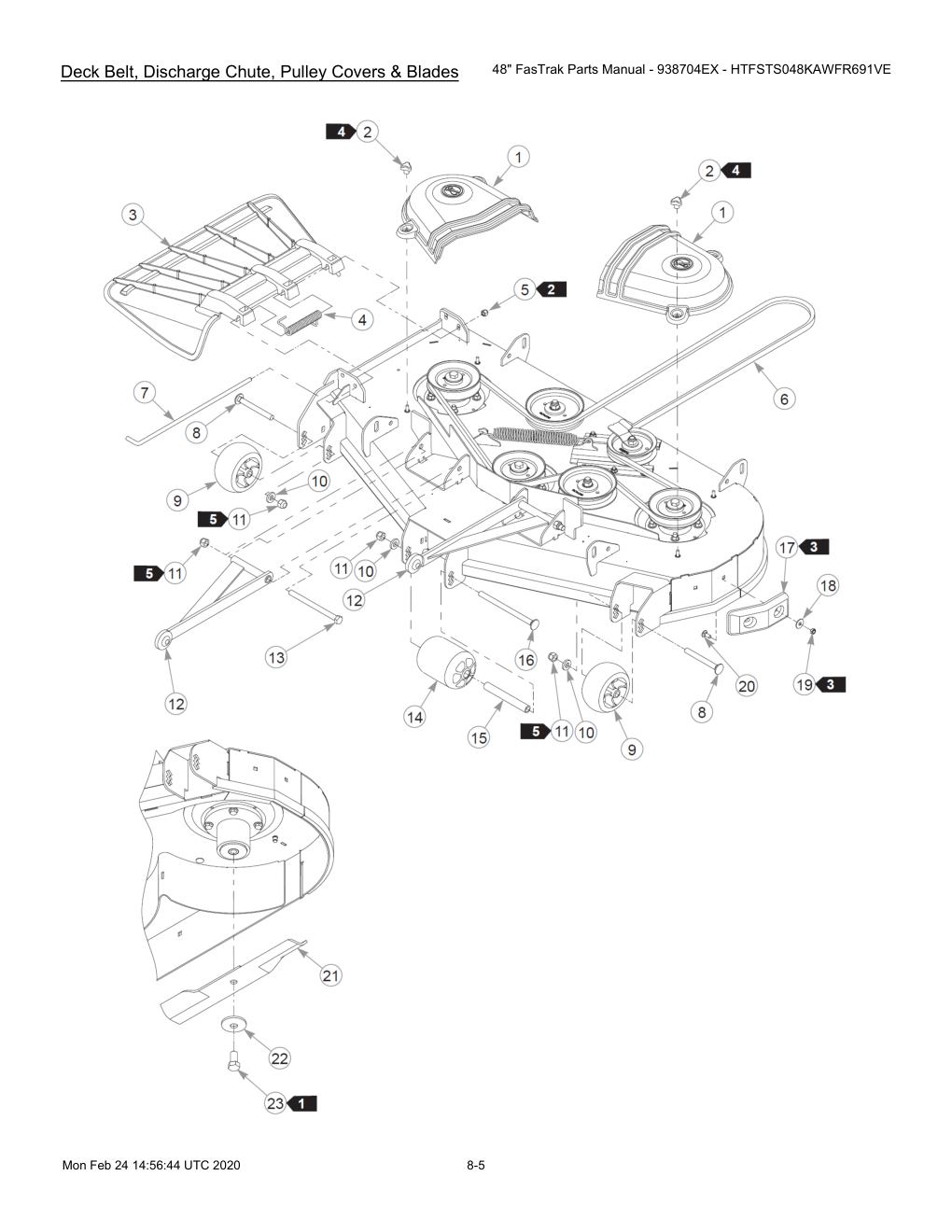 48" FasTrak Parts Manual - 938704EX - HTFSTS048KAWFR691VE - 605234 - Deck Belt, Discharge Chute, Pulley Covers & Blades diagram