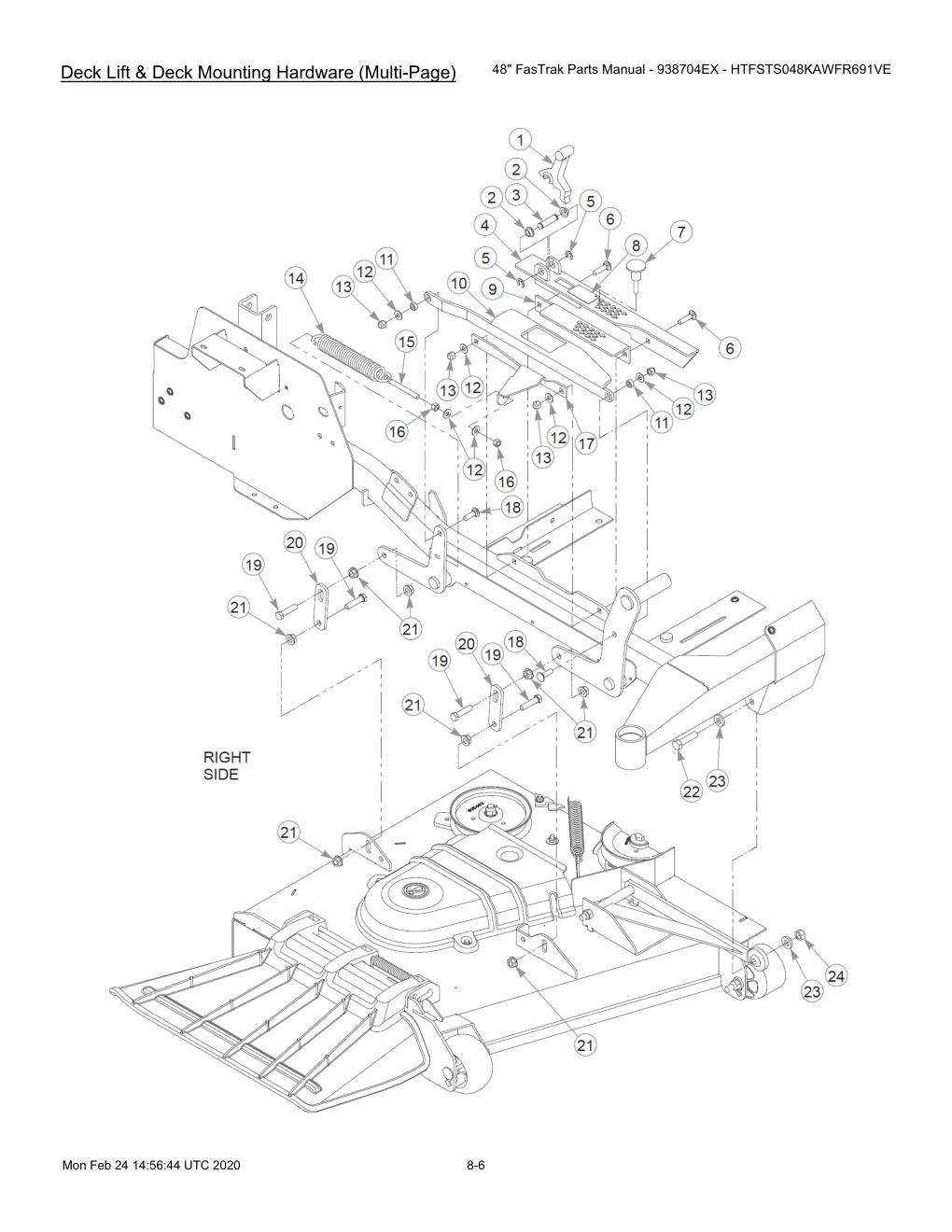 48" FasTrak Parts Manual - 938704EX - HTFSTS048KAWFR691VE - 605234 - Deck Lift & Deck Mounting Hardware (Multi-Page) diagram