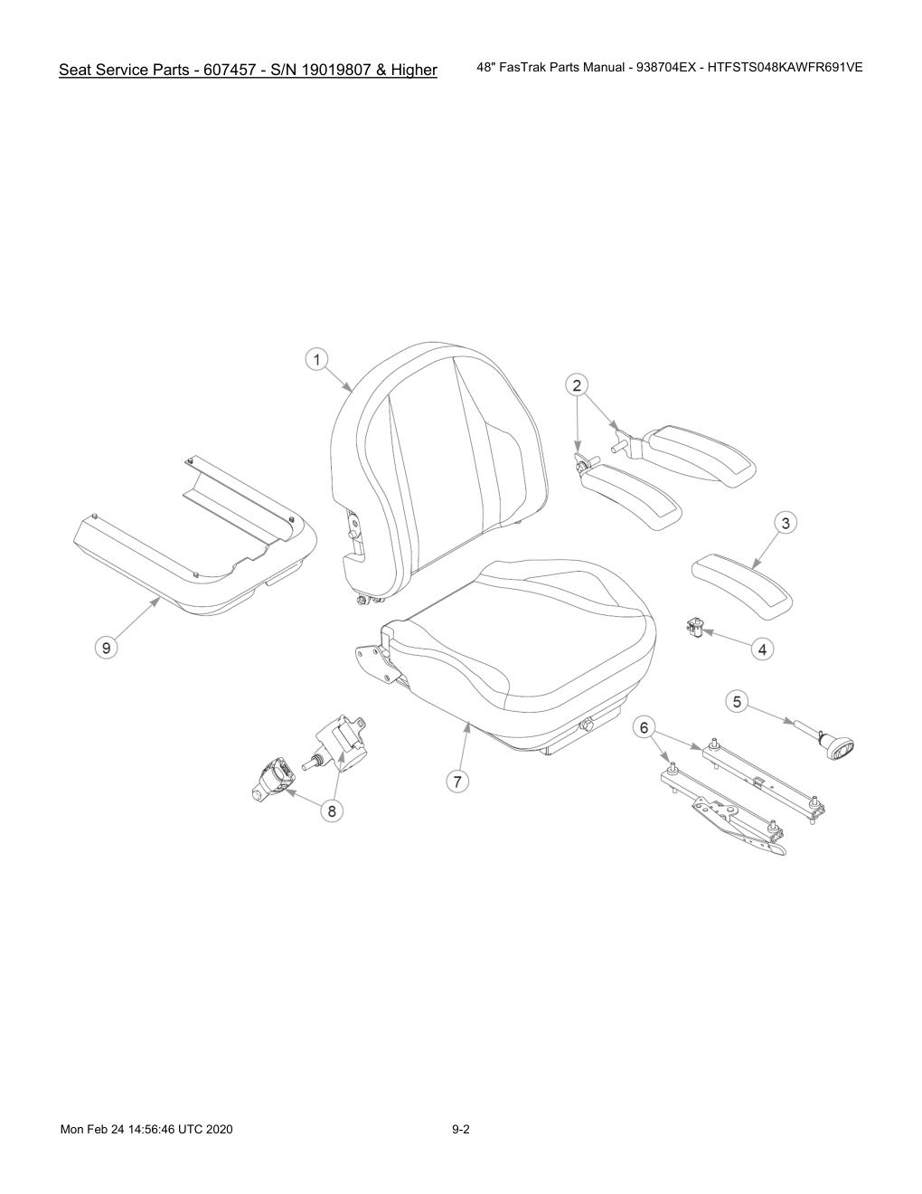 48" FasTrak Parts Manual - 938704EX - HTFSTS048KAWFR691VE - 605234 - Seat Service Parts - 607457 - S/N 19019807 & Higher diagram