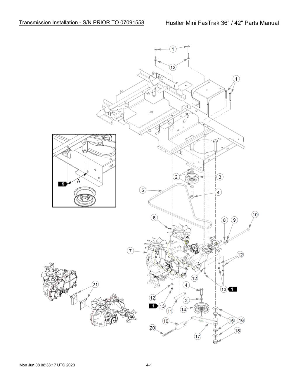 Hustler Mini FasTrak 36" / 42" Parts Manual - 768044 - Transmission Installation - S/N PRIOR TO 07091558 diagram