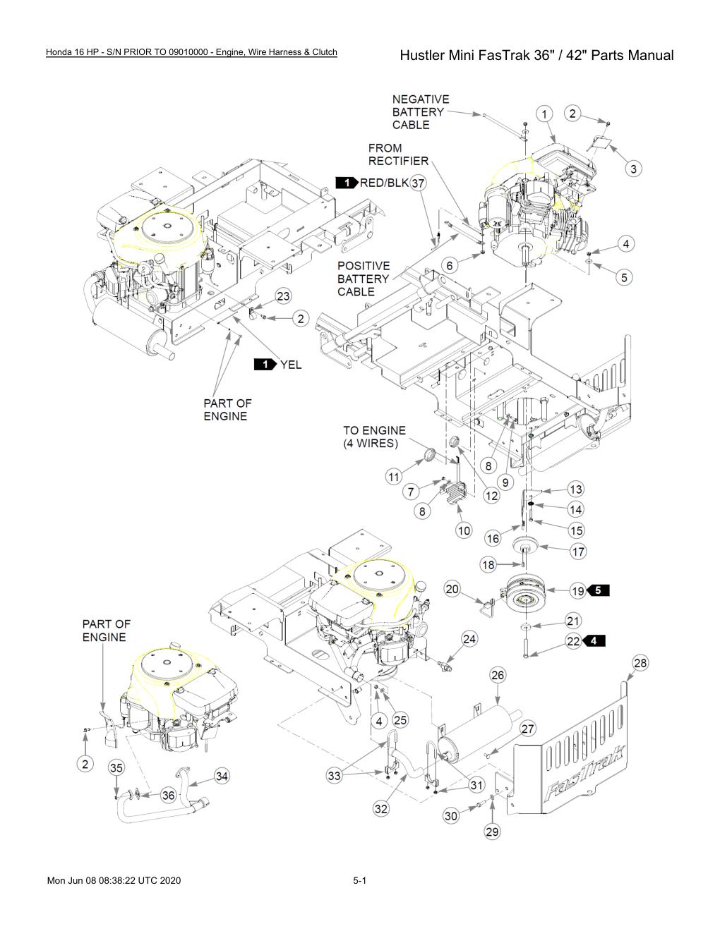 Hustler Mini FasTrak 36" / 42" Parts Manual - 768044 - Honda 16 HP - S/N PRIOR TO 09010000 - Engine, Wire Harness & Clutch diagram