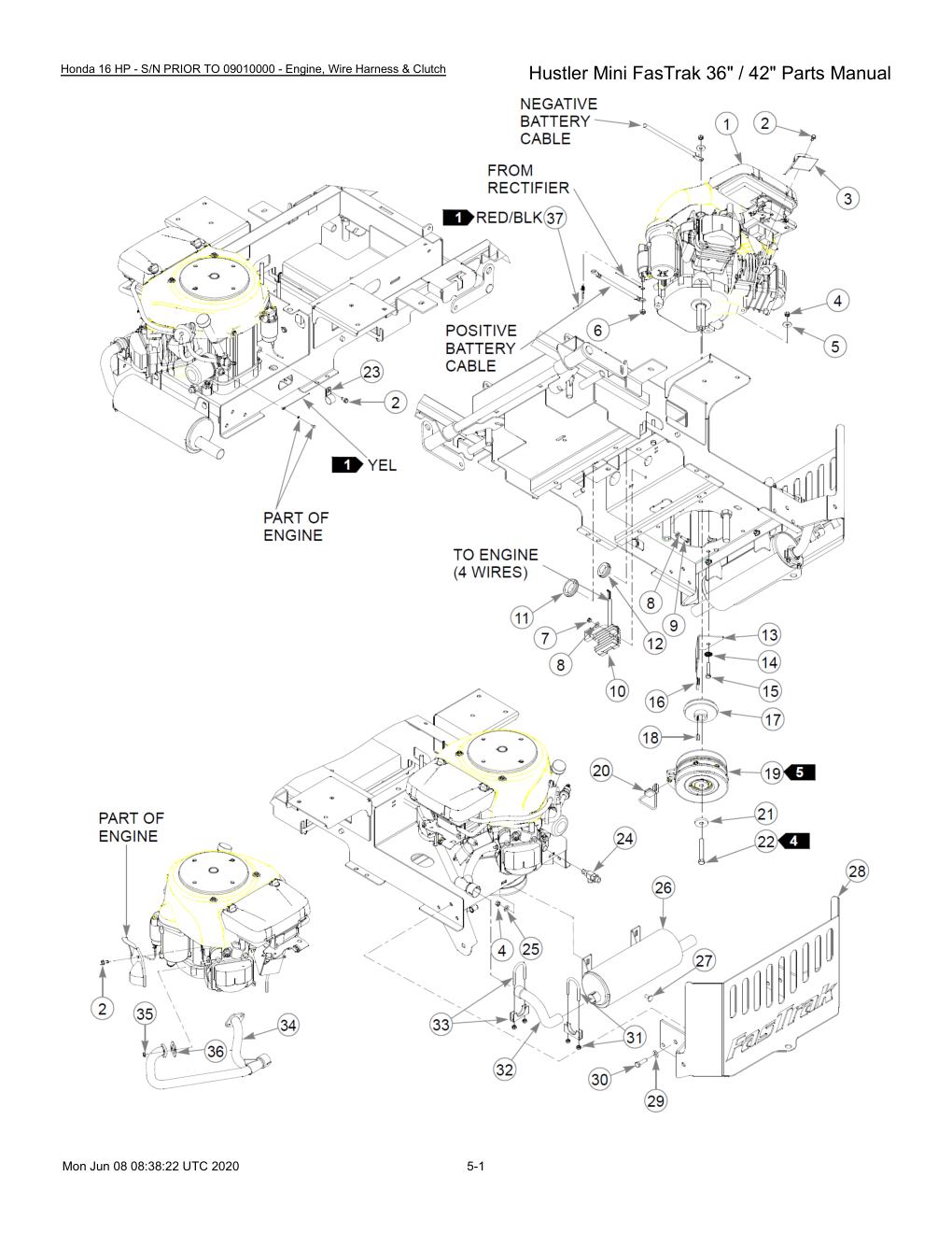 Hustler Mini FasTrak 36" / 42" Parts Manual - 768044 - Honda 16 HP - S/N PRIOR TO 09010000 - Engine, Wire Harness & Clutch diagram