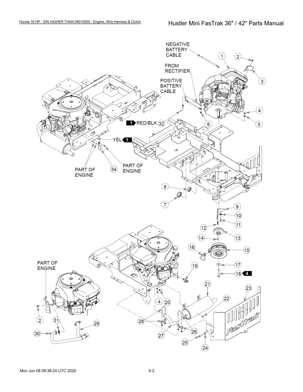 Hustler Mini FasTrak 36" / 42" Parts Manual - 768044 - Honda 16 HP - S/N HIGHER THAN 09010000 - Engine, Wire Harness & Clutch diagram