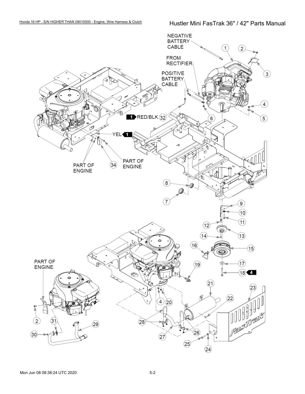 Hustler Mini FasTrak 36" / 42" Parts Manual - 768044 - Honda 16 HP - S/N HIGHER THAN 09010000 - Engine, Wire Harness & Clutch diagram