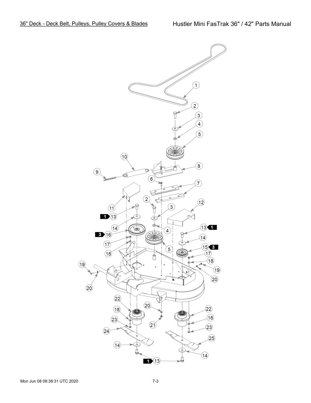 Hustler Mini FasTrak 36" / 42" Parts Manual - 768044 - 36" Deck - Deck Belt, Pulleys, Pulley Covers & Blades diagram