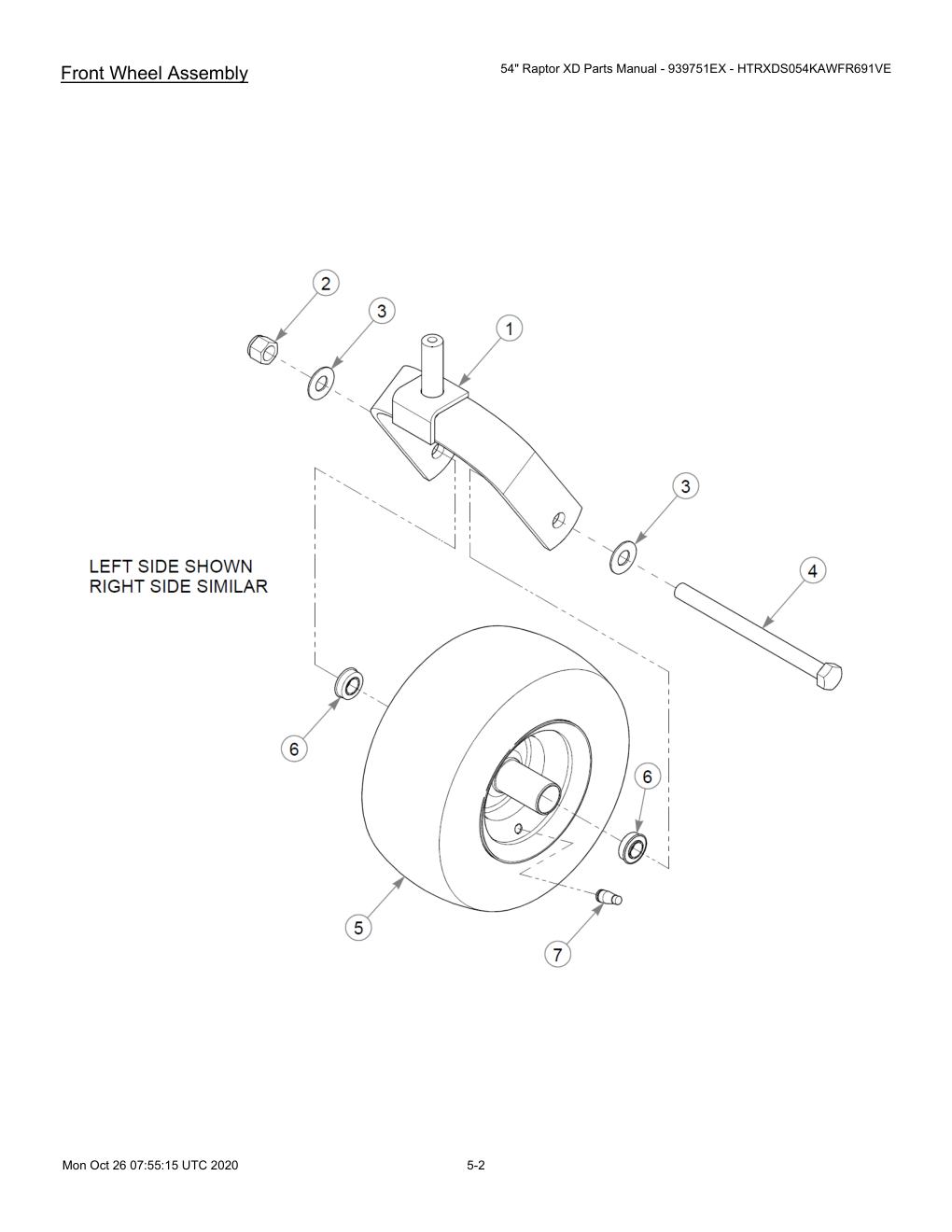 54" Raptor XD Parts Manual - 939751EX - HTRXDS054KAWFR691VE - 607418 - Front Wheel Assembly diagram