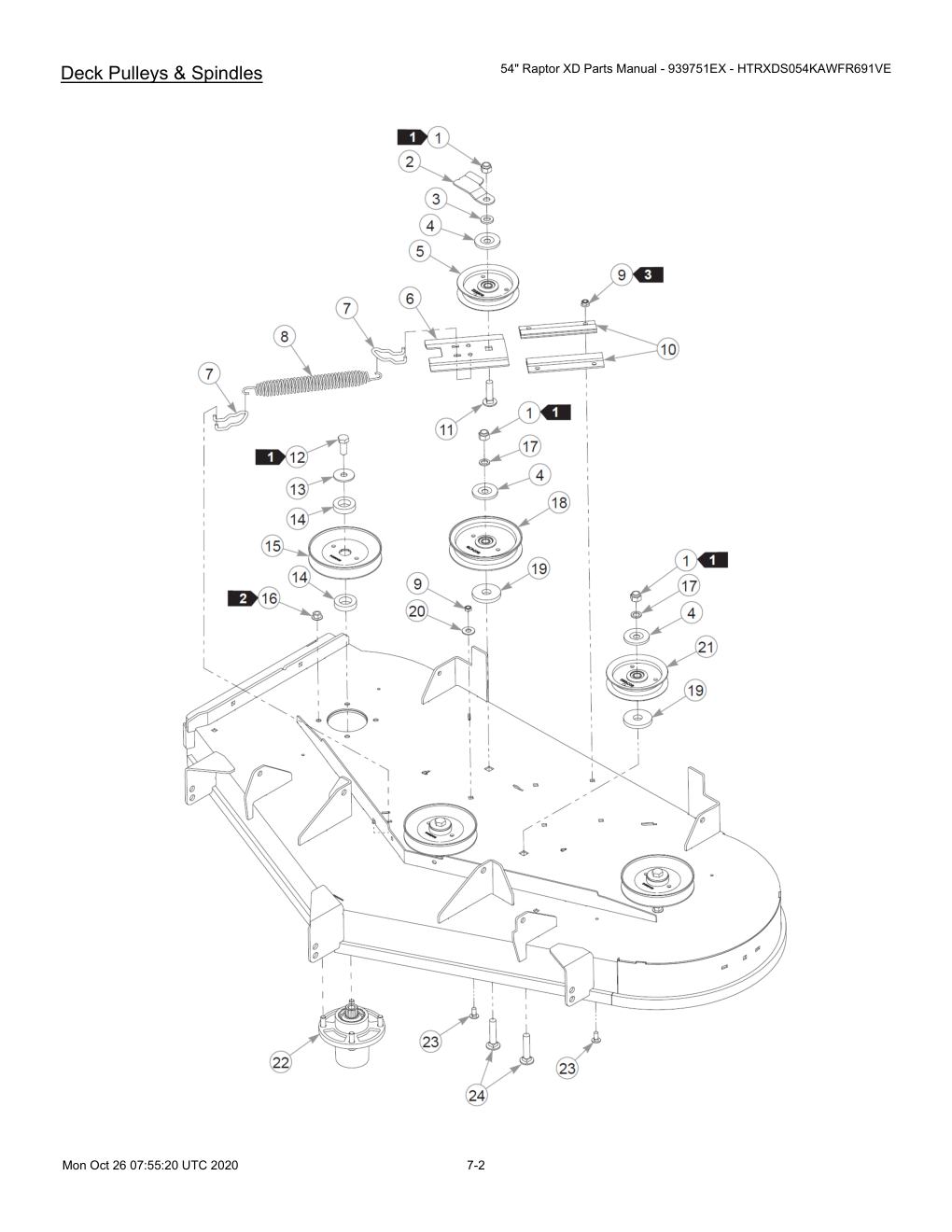 54" Raptor XD Parts Manual - 939751EX - HTRXDS054KAWFR691VE - 607418 - Deck Pulleys & Spindles diagram