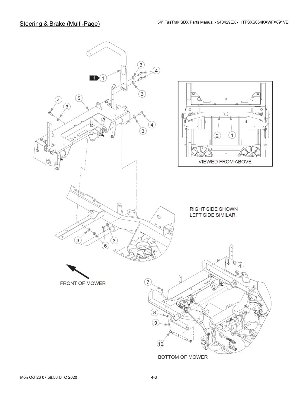 54" FasTrak SDX Parts Manual - 940429EX - HTFSXS054KAWFX691VE - 607667 - Steering & Brake (Multi-Page) diagram