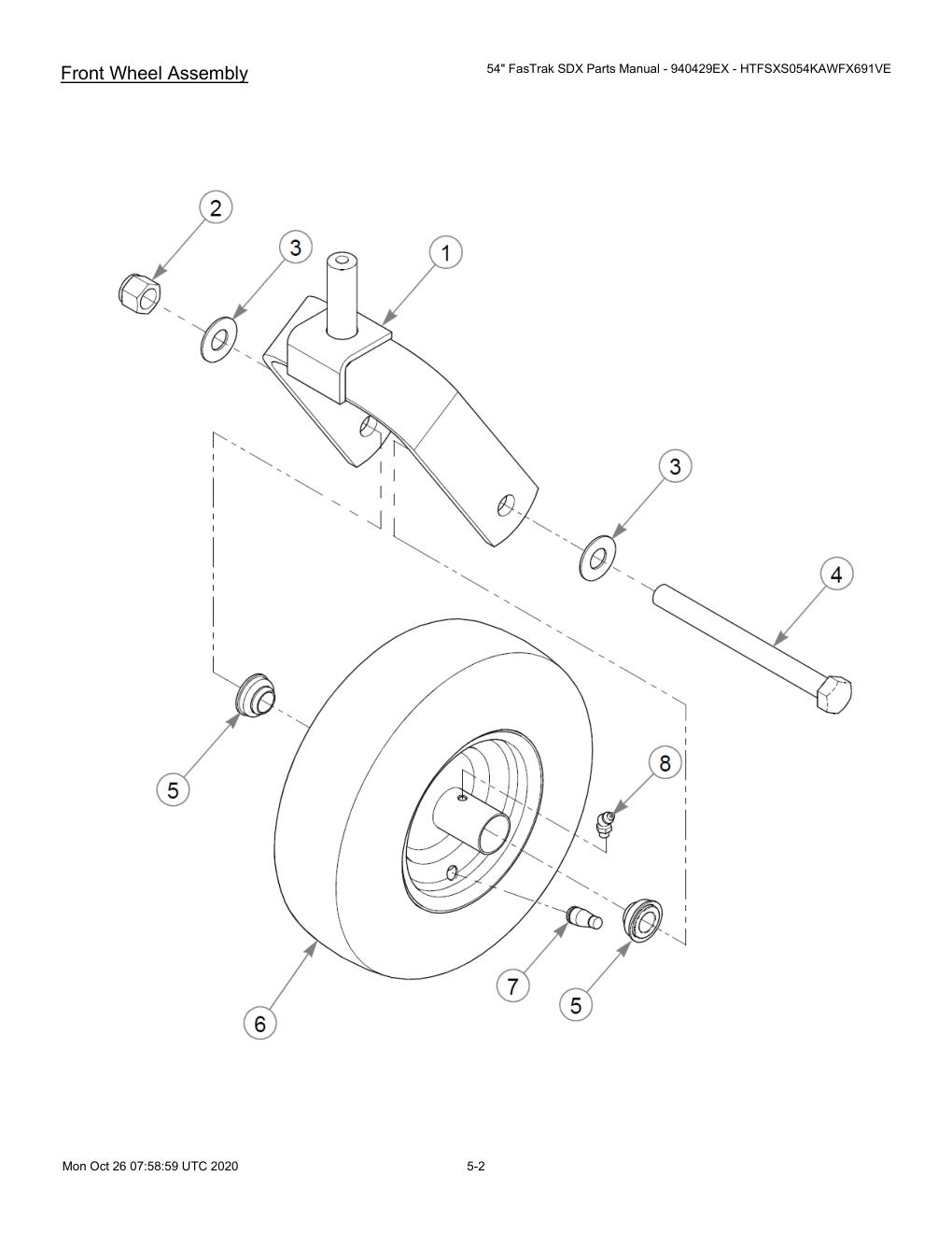 54" FasTrak SDX Parts Manual - 940429EX - HTFSXS054KAWFX691VE - 607667 - Front Wheel Assembly diagram