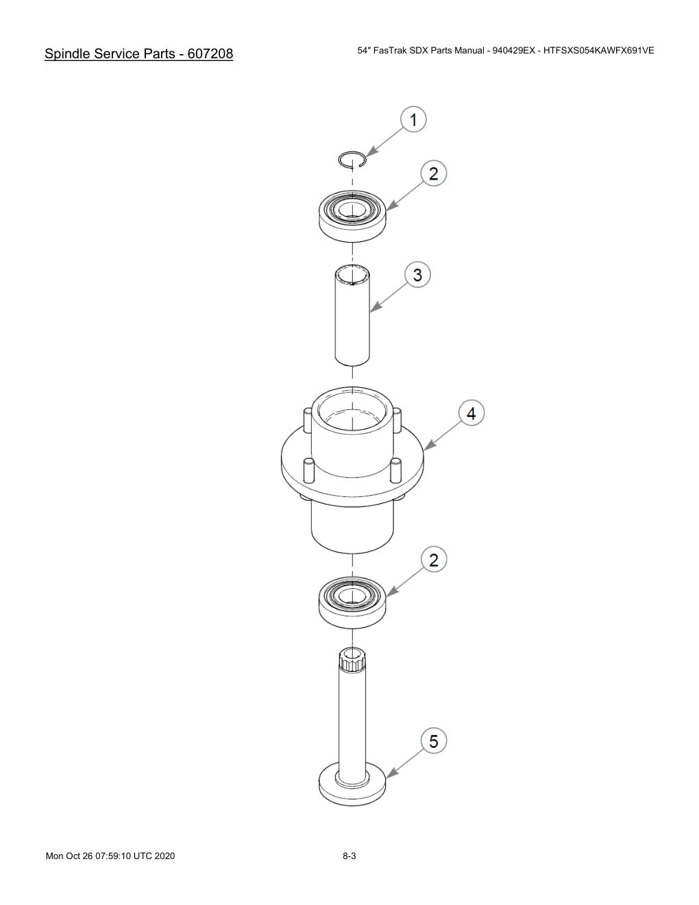 54" FasTrak SDX Parts Manual - 940429EX - HTFSXS054KAWFX691VE - 607667 - Spindle Service Parts - 607208 diagram