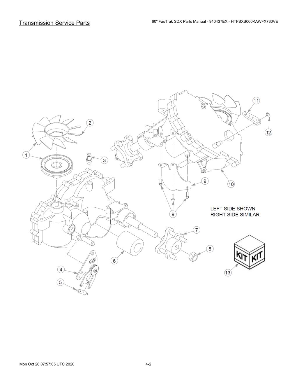 60" FasTrak SDX Parts Manual - 940437EX - HTFSXS060KAWFX730VE - 607667 - Transmission Service Parts diagram