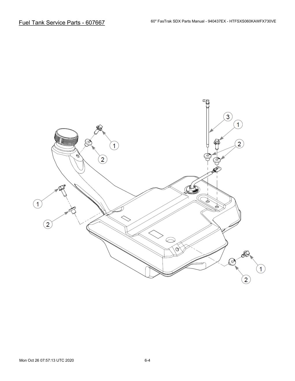 60" FasTrak SDX Parts Manual - 940437EX - HTFSXS060KAWFX730VE - 607667 - Fuel Tank Service Parts - 607667 diagram