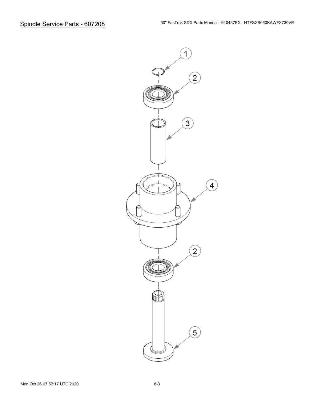 60" FasTrak SDX Parts Manual - 940437EX - HTFSXS060KAWFX730VE - 607667 - Spindle Service Parts - 607208 diagram