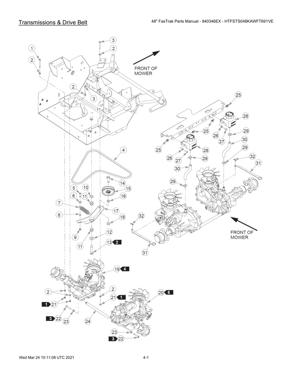 48" FasTrak Parts Manual - 940346EX - HTFSTS048KAWFT691VE - 607667 - Transmissions & Drive Belt diagram