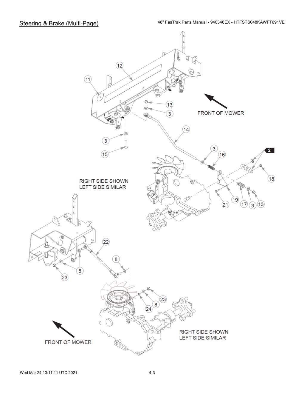48" FasTrak Parts Manual - 940346EX - HTFSTS048KAWFT691VE - 607667 - Steering & Brake (Multi-Page) diagram
