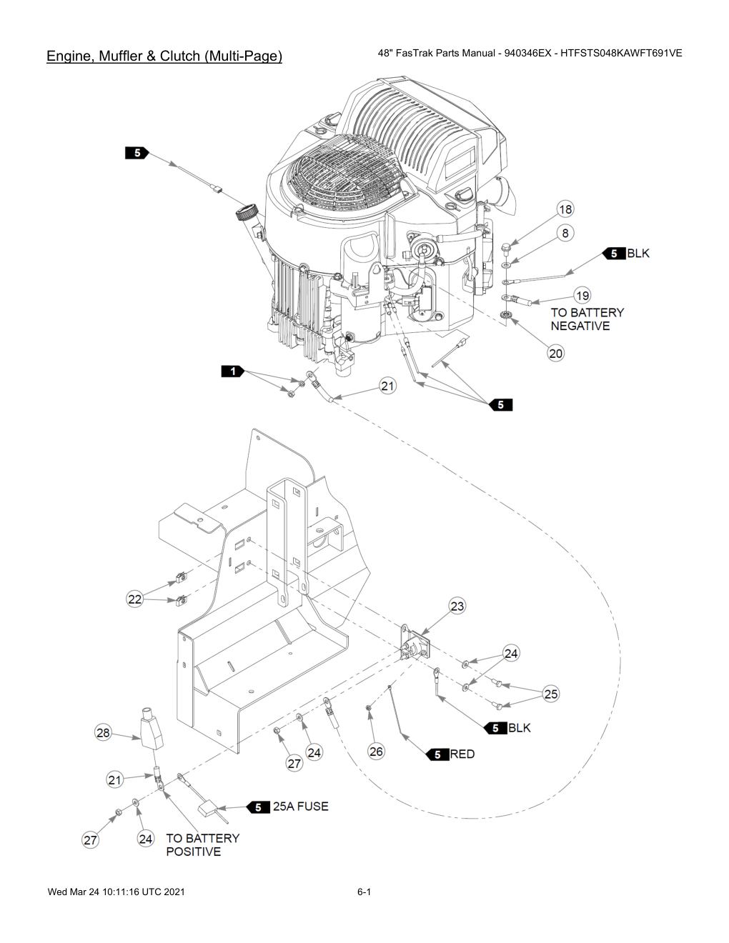 48" FasTrak Parts Manual - 940346EX - HTFSTS048KAWFT691VE - 607667 - Engine, Muffler & Clutch (Multi-Page) diagram
