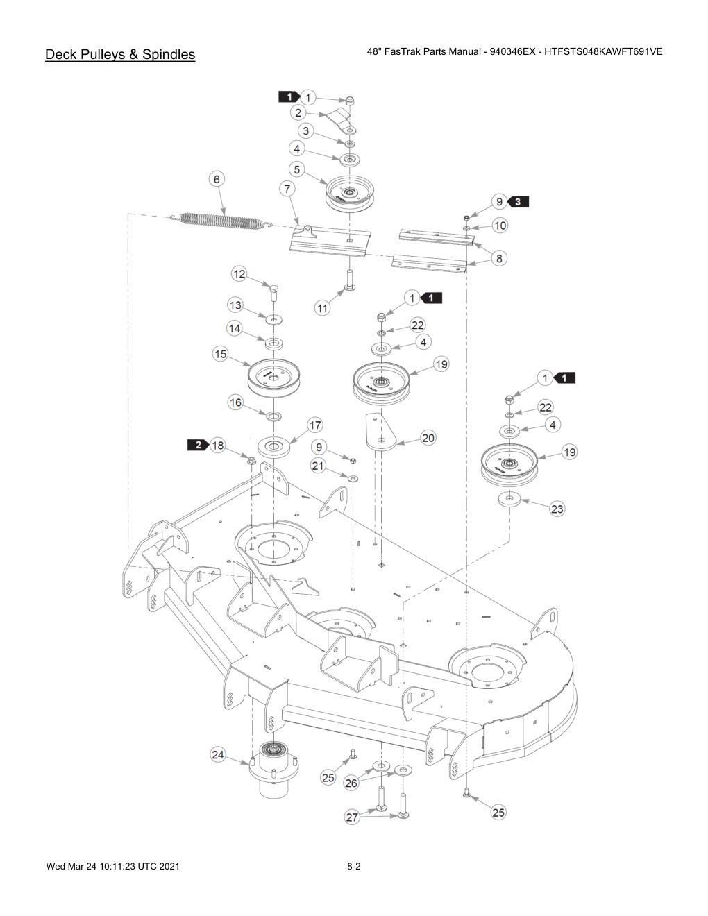 48" FasTrak Parts Manual - 940346EX - HTFSTS048KAWFT691VE - 607667 - Deck Pulleys & Spindles diagram
